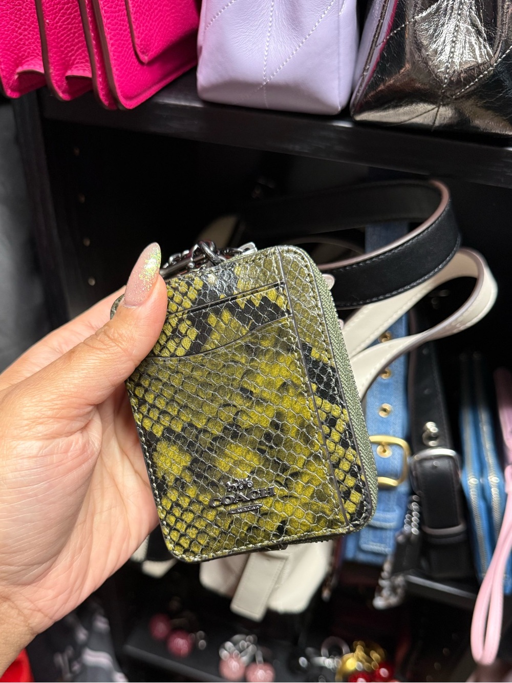 Coach Yellow-Green Snakeskin Zip Card Holder